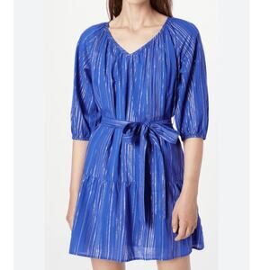 Gap Women's Metallic Striped Belted Tiered Mini Dress Medium Blue